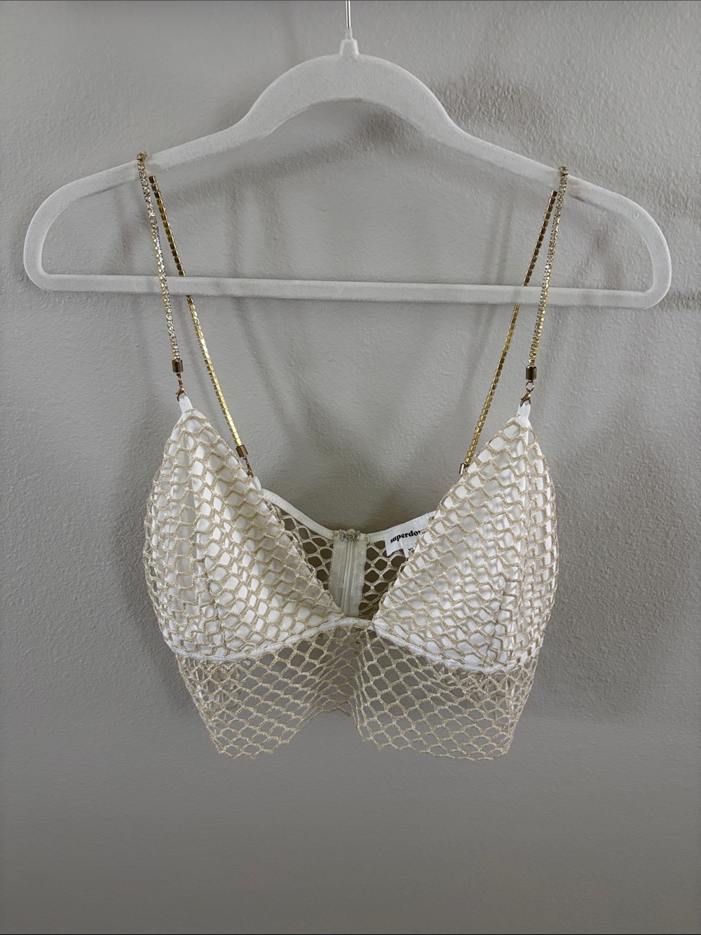 superdown Mesh fishnet Bralette with Gold rhinestone Chain Straps crop top XL